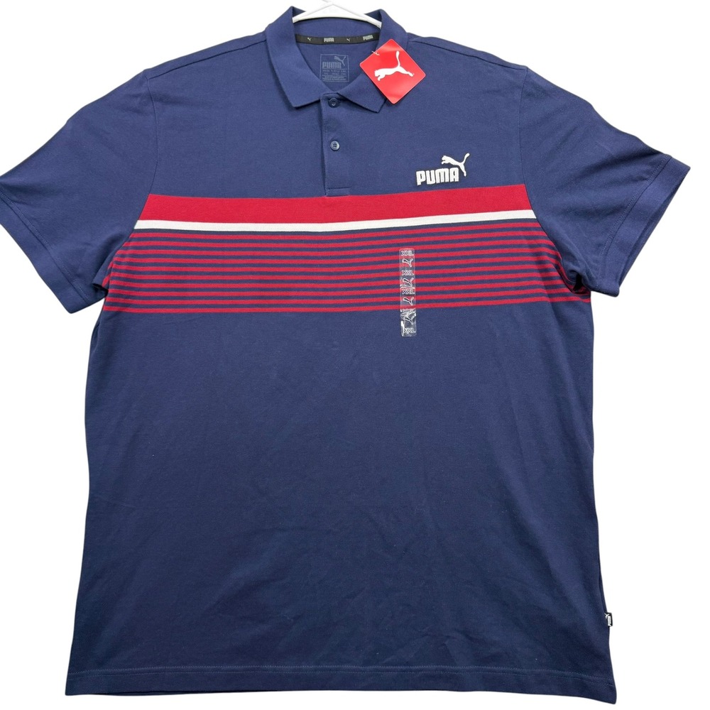 Puma Polo Shirt Mens XXL Navy Blue Red White Striped Short Sleeve Logo